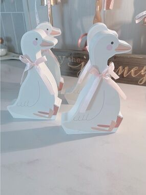 4 Set of White Duck Figurines with Pink Ribbon Bows